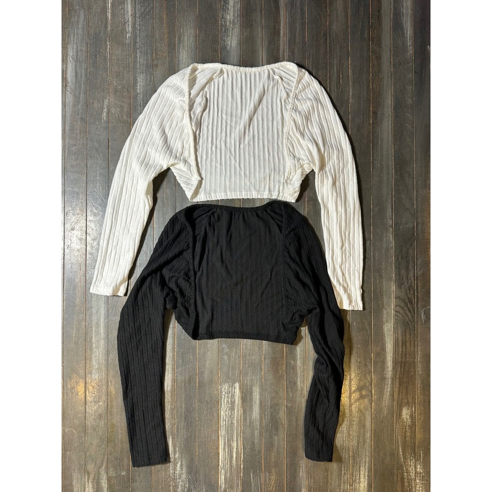 2 Pack Ribbed Knit Shrug Bolero Set Black and White Long Sleeve Cropped Sweaters